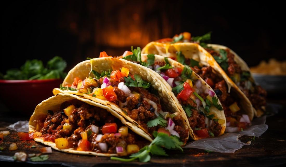 Three loaded tacos on a wooden board